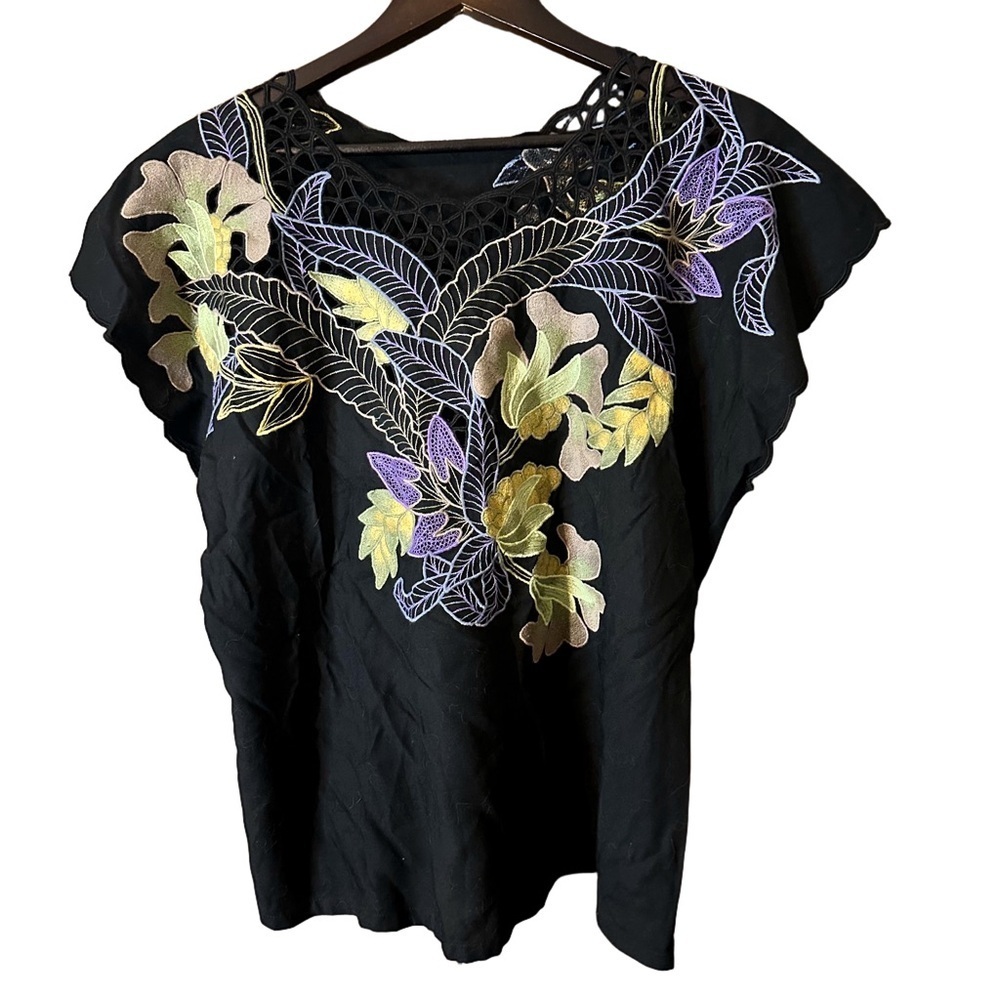 Vtg Hibis Women's Blouse Top Shirt Floral Applique Cut Out Sz L 80's Fairycore